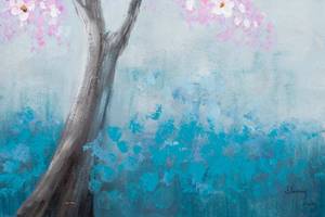 Tableau peint à la main Flower Tale Bleu - Rose foncé - Bois massif - Textile - 60 x 90 x 4 cm