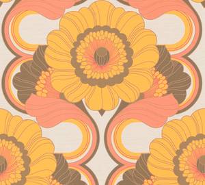 Retro-Tapete 70er Jahre Blumen Beige - Braun - Orange - Rot - Gelb