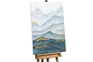 Tableau peint Enchanted Mountains Bleu - Bois massif - Textile - 75 x 100 x 4 cm