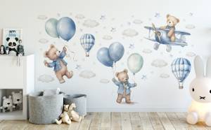 Autocollant Nounours Ballons Nuages Bleu - Marron - Gris - 120 x 60 x 60 cm