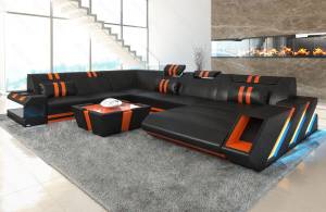 Wohnlandschaft XXL Apollonia Schwarz - Orange - Ecke davorstehend rechts - Longchair davorstehend rechts - Ottomane davorstehend rechts - Mit Schlaffunktion