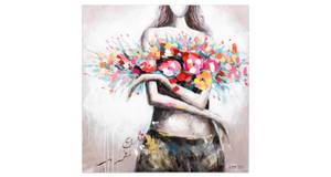 Tableau peint Flowery Temptation Gris - Rouge - Bois massif - Textile - 80 x 80 x 4 cm