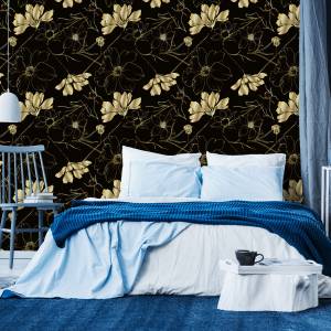 Tapete BLUMEN Pflanzen Glamour Beige - Schwarz - Papier - Textil - 53 x 1000 x 1000 cm