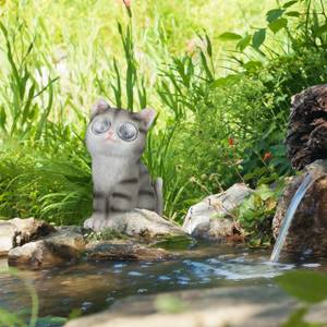 Figurine de jardin chat à yeux solaires Gris - Blanc - Matière plastique - Pierre - 12 x 23 x 14 cm