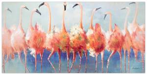 Tableau peint Tango des flamants roses Bleu - Rose foncé - Bois massif - Textile - En partie en bois massif - 140 x 70 x 4 cm