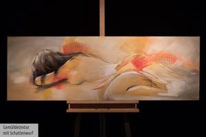 Tableau peint à la main Chaleur du cœur Orange - Jaune - Bois massif - Textile - 150 x 50 x 4 cm