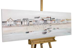 Impression sur toile Little Port Town Beige - Bleu - Bois massif - Textile - 150 x 50 x 4 cm