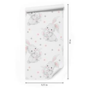 Papier Peint pour enfants lapins points Gris - Blanc - Papier - 53 x 1000 x 1000 cm