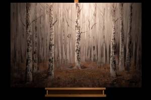 Tableau peint à la main Falling Leaves Marron - Blanc - Bois massif - Textile - 120 x 80 x 4 cm