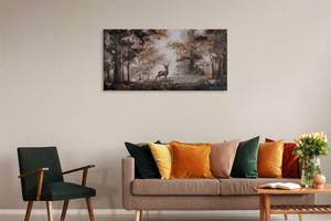 Tableau peint Cerf dans la brume Marron - Bois massif - Textile - 120 x 60 x 4 cm