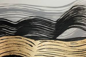 Tableau peint à la main Vague engloutie Noir - Blanc - Bois massif - Textile - 120 x 60 x 4 cm