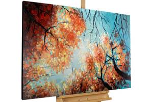 Tableau Danse de la cime des arbres Bleu - Orange - Bois massif - Textile - 120 x 75 x 4 cm