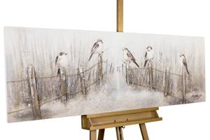 Tableau peint Chant des oiseaux Beige - Blanc - Bois massif - Textile - 150 x 50 x 4 cm