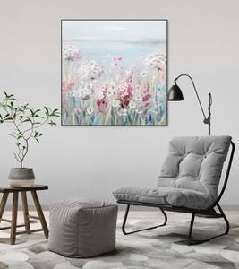 Tableau peint Perspectives fleuries Bleu - Rose foncé - Bois massif - Textile - 80 x 80 x 4 cm