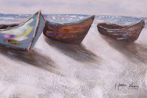 Tableau peint Boats of Fishermen Beige - Bleu - Bois massif - Textile - 120 x 60 x 4 cm