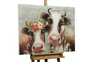 Tableau peint Queens of the Pasture Marron - Blanc - Bois massif - Textile - 100 x 70 x 4 cm