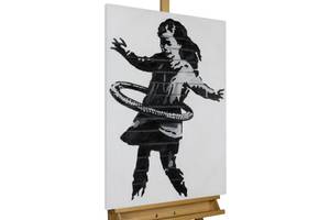 Tableau peint Banksy's Hula Hoop Noir - Blanc - Bois massif - Textile - En partie en bois massif - 60 x 90 x 4 cm