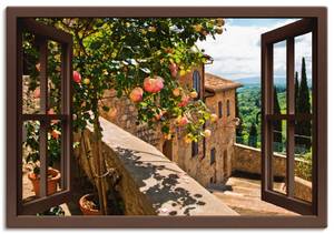 Leinwandbild Fenster Rosen auf Balkon Braun - 70 x 50 cm