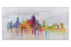Tableau peint Madrid Skyline Silhouette Gris - Bois massif - Textile - 120 x 60 x 4 cm