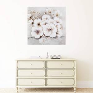 Tableau Pureté des fleurs Beige - Blanc - Bois massif - Textile - 80 x 80 x 4 cm