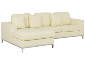 Ecksofa OSLO 2-tlg Beige - Creme - Silber - Armlehne davorstehend links - Ecke davorstehend rechts - Mit Hocker - Mit Kissen - Echtleder