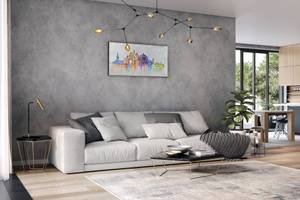 Tableau Bucharest Skyline Silhouette Gris - Bois massif - Textile - En partie en bois massif - 120 x 60 x 4 cm