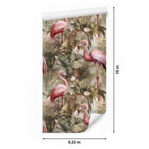 Papier Peint Flamants Feuilles Fleurs Beige - Marron - Gris - Rose foncé - Papier - Textile - 53 x 1000 x 1000 cm