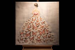 Tableau peint à la main Butterfly Ball Gris - Rose foncé - Bois massif - Textile - 80 x 80 x 4 cm