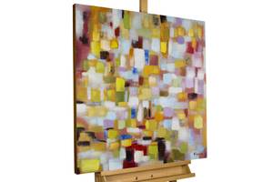 Bild gemalt Flickenteppich in Pastell Gelb - Massivholz - Textil - Holz teilmassiv - 80 x 80 x 4 cm