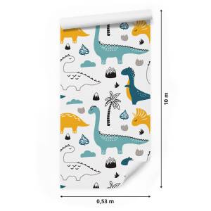 Papier Peint dinosaures plantes enfants Noir - Bleu - Blanc - Papier - 53 x 1000 x 1000 cm