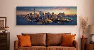 Image Panorama New York Grattes Ciels 3D Beige - Bleu - Gris - Textile - 145 x 45 x 45 cm