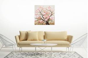 Acrylbild handgemalt Heiteres Hanami Braun - Pink - Massivholz - Textil - 80 x 80 x 4 cm