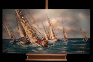 Tableau peint From Coast to Coast Bleu - Blanc - Bois massif - Textile - 120 x 60 x 4 cm