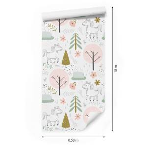 Papier Peint pour filles licornes arbres Beige - Noir - Bleu - Marron - Gris - Vert - Blanc - Papier - 53 x 1000 x 1000 cm