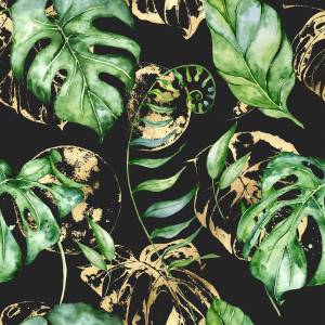 Papier Peint FEUILLES Tropicales Nature Beige - Noir - Vert - Papier - Textile - 53 x 1000 x 1000 cm