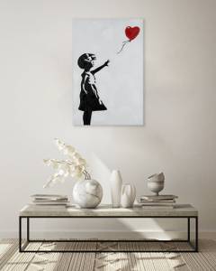Tableau peint Banksy's Heart Balloon Rouge - Bois massif - Textile - 60 x 90 x 4 cm