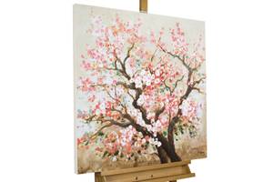 Acrylbild handgemalt Heiteres Hanami Braun - Pink - Massivholz - Textil - Holz teilmassiv - 80 x 80 x 4 cm