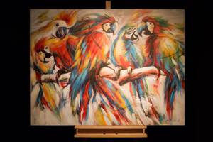 Tableau peint à la main Parrots in Love Bois massif - Textile - 100 x 75 x 4 cm