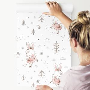 Papier Peint pour enfants lapins arbres Marron - Blanc - Papier - 53 x 1000 x 1000 cm