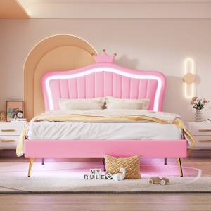 Polster-Kinderbett Aether Ⅳ Pink - Holzwerkstoff - Metall - Massivholz - Kunstleder - 152 x 122 x 203 cm