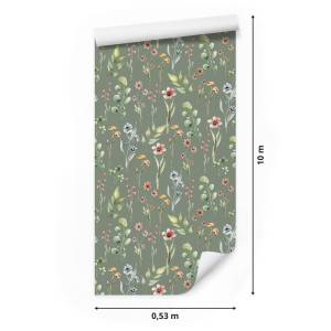 Papier Peint fleurs feuilles nature Bleu - Gris - Vert - Orange - Papier - 53 x 1000 x 1000 cm