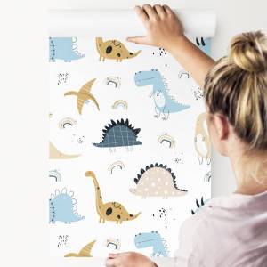 Tapete Pastell DINOSAURIER Tiere Beige - Schwarz - Blau - Weiß - Papier - Textil - 53 x 1000 x 1000 cm