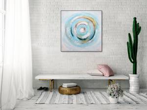 Tableau peint à la main Gleaming Swirl Bleu - Blanc - Bois massif - Textile - 80 x 80 x 4 cm