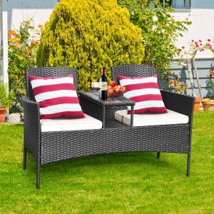 2-Sitzer Rattan Gartenbank mit Kissen Weiß - Rattan - 61 x 85 x 138 cm