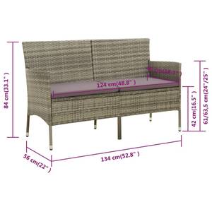 3-Sitzer-Gartensofa 3016400 Grau - Metall - Polyrattan - 134 x 84 x 56 cm