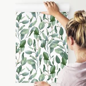 Papier Peint Plantes FEUILLES Eucalyptus Beige - Vert - Blanc - Papier - Textile - 53 x 1000 x 1000 cm