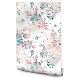 Papier Peint fleurs feuilles pastel Beige - Bleu - Vert - Mauve - Blanc - Papier - 53 x 1000 x 1000 cm