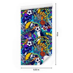 Papier Peint de jeunesse graffiti sport Noir - Bleu - Gris - Vert - Orange - Blanc - Papier - 53 x 1000 x 1000 cm