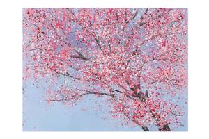 Tableau Poetry of the Cherry Blossom Bleu - Rose foncé - Bois massif - Textile - 100 x 75 x 4 cm