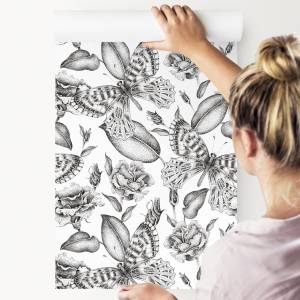 Papier Peint FEUILLES Roses Papillons Noir - Blanc - Papier - Textile - 53 x 1000 x 1000 cm